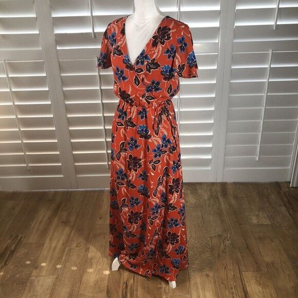 Crescent Surplice Mock Wrap Maxi Dress Small Flutter Sleeve Coral Floral Print - Picture 11 of 12